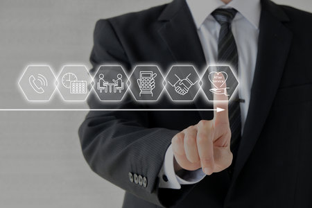 A businessman pointing at the icon of the flow from inquiry to after-sales service after contractの写真素材