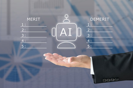 Image of a businessman's hand discussing the advantages and disadvantages of AIの写真素材