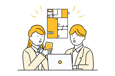 Illustration of a couple finding the perfect room layout using a smartphone and computerのイラスト素材