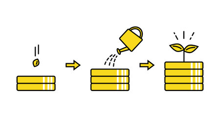 An illustration showing the process from sowing a seed of money to seeing it sprout - an image of growing assetsのイラスト素材