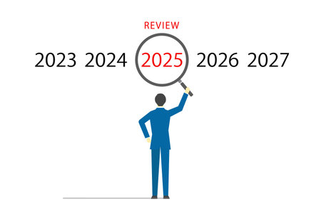 Illustration of a businessman analyzing a review for 2025 with a magnifying glassのイラスト素材