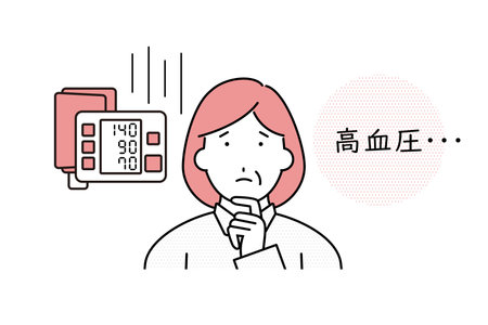 Illustration of a middle-aged woman who is worried about the situation where the blood pressure readings indicate high blood pressureのイラスト素材
