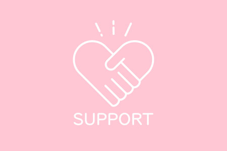 A heart-shaped icon of people shaking hands and the word Support on a pink background