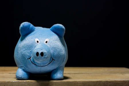 cute blue pig doll isolated on wooden table.の写真素材