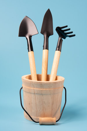 Garden tools made of iron with wooden elements on blue background.