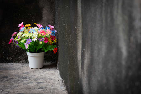 Multicolored bouquet in a vase placed on an antique background.の写真素材