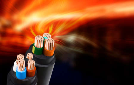 Electric wire on fire background. Copper wire is the electrical conductor of the city society.