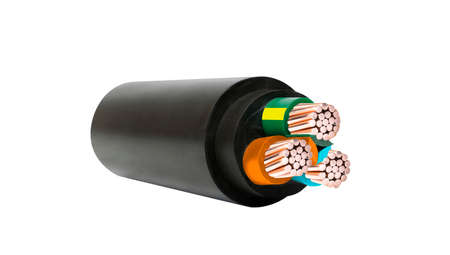 Electric wire on white background. Copper wire is the electrical conductor of the city society.の写真素材