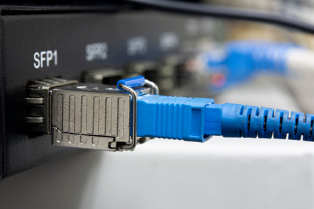 Fiber Optic cables and UTP Network cables. Optical Fiber communication Distribution point.