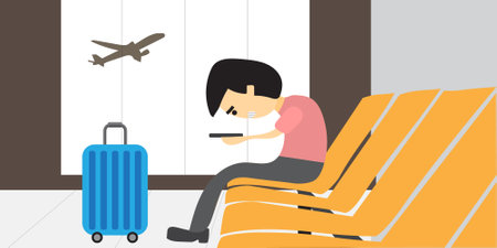 Businessman or manager missed a plane and very upset. Illustration, vector, flatのイラスト素材