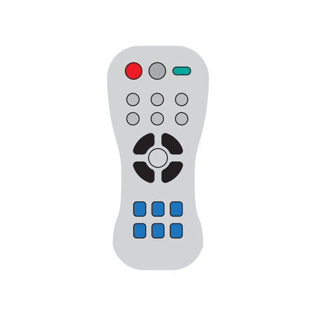 TV remote control device isolated on white background Television technology channel surfing equipment with icon buttons Technology Telecommunication Keyboard. Vector illustration.のイラスト素材