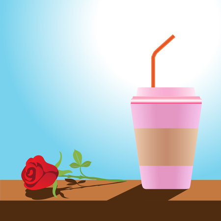 Pink paper cup template for soda or cold drink with separate drinking tubes on a blue background Packaging collections, vector illustrations.のイラスト素材