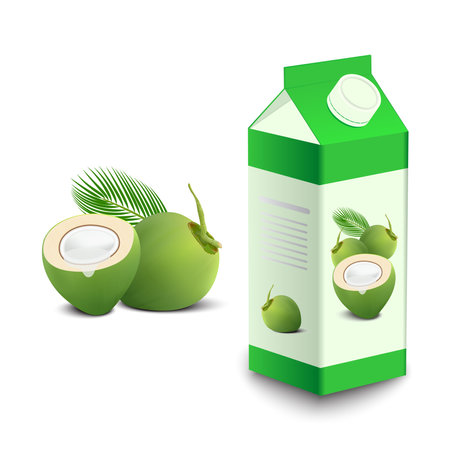 realistic packaging with green coconut water drink - vector illustration.のイラスト素材