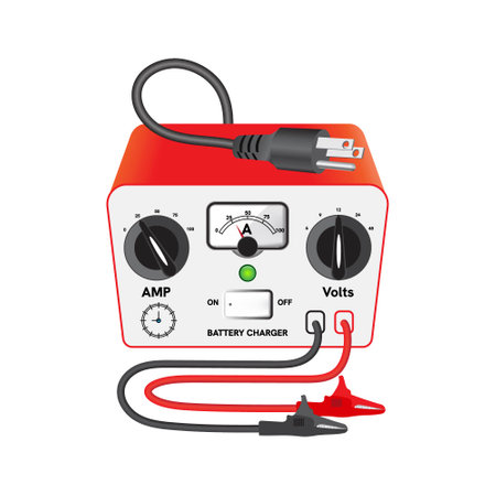 Battery charger for lead acid or accumulator battery types on white background isolated.のイラスト素材