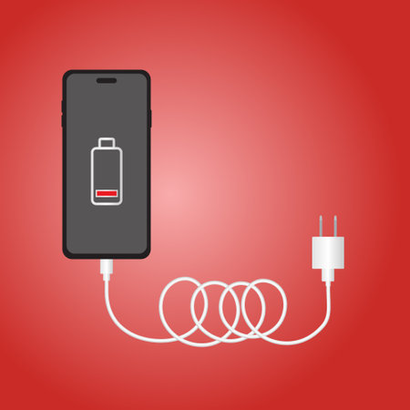 Phone charging icon in flat style isolated on red background. Symbol vector illustration.のイラスト素材