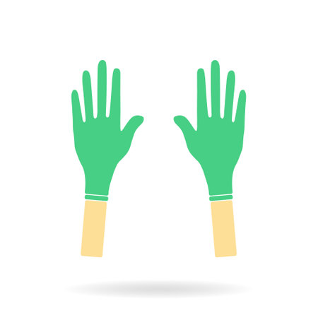 hand wearing protective green gloves Latex gloves are a symbol of protection against viruses and bacteria. caution icon flat vector illustration design lonely on a white backgroundのイラスト素材