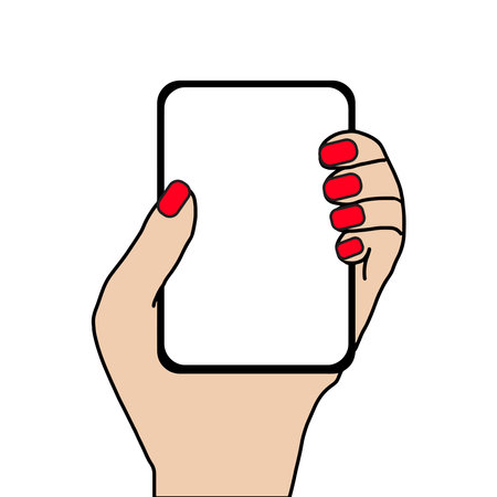 hand drawing of a woman holding a smartphone modern design elements vector illustration.のイラスト素材