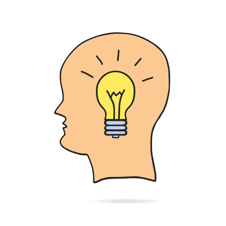 The light bulb in the brain is a metaphor for thought. flat line design banner vector illustration.のイラスト素材
