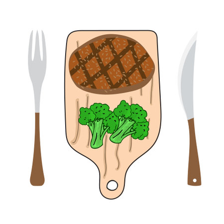 food steak on chopping board with knife and fork vector cartoon illustration Breakfast Icon Concept Isolated Premium Vector flat cartoon style.のイラスト素材