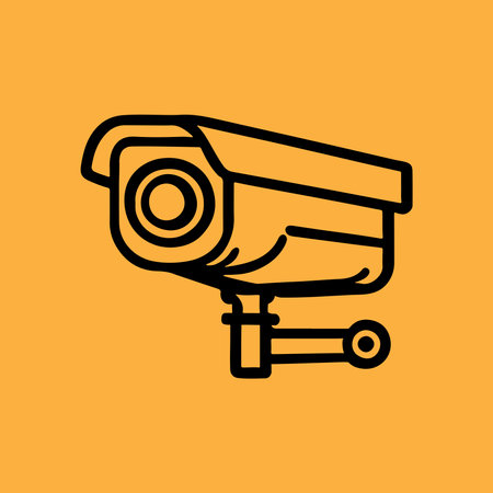 Security camera. CCTV surveillance system. Monitoring, guard equipment, burglary or robbery prevention. Vector illustration isolated on yellow background.のイラスト素材