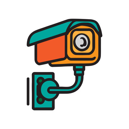 Security camera. CCTV surveillance system. Monitoring, guard equipment, burglary or robbery prevention. Vector illustration isolated on white background.のイラスト素材