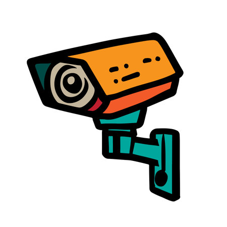 Security camera. CCTV surveillance system. Monitoring, guard equipment, burglary or robbery prevention. Vector illustration isolated on white background.のイラスト素材
