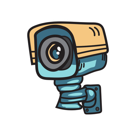 Security camera. CCTV surveillance system. Monitoring, guard equipment, burglary or robbery prevention. Vector illustration isolated on white background.のイラスト素材