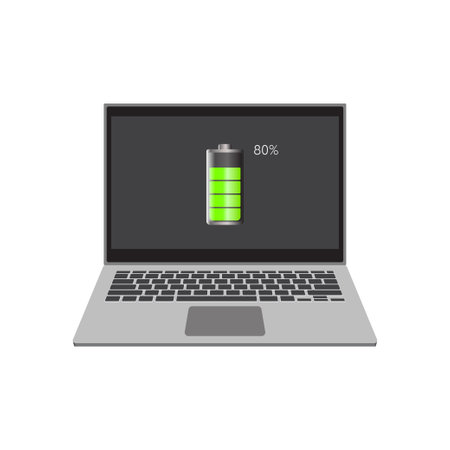 Laptop computer with 80% battery icon on screen, flat vector illustration EPS 10.のイラスト素材