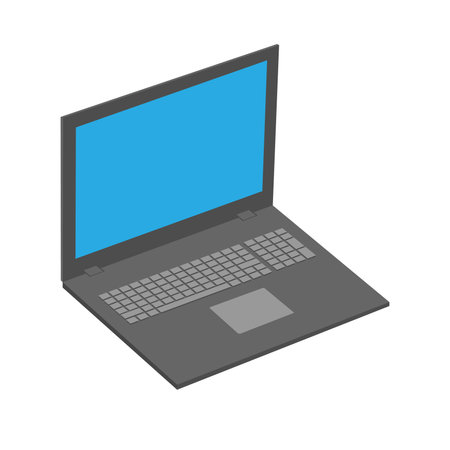 Realistic perspective front laptop with keyboard isolated incline 45 degree. Computer notebook with blue screen template. Front view of mobile computer with keypad backdrop. Digital equipment cutout.のイラスト素材