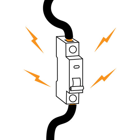 Electrical panel. Broken switchboard. Danger sign. The wire under tension.  Short circuit, red flame and fire. Circuit breaker. overload of the system. Cartoon flat illustration. Damaged equipmentのイラスト素材
