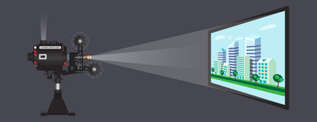 Analog device cinema motion picture film projector 3d vector illustration, Green city projection concept.のイラスト素材