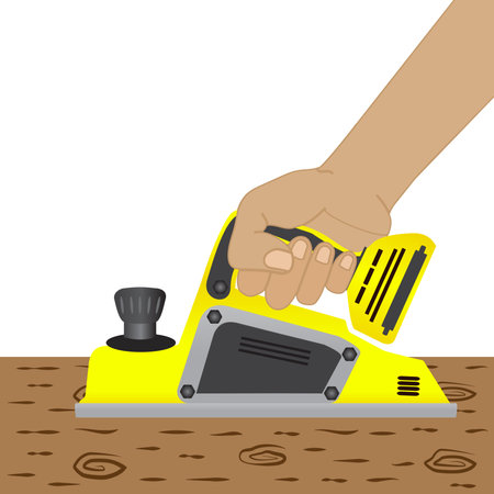 Professional Carpentry Equipment During Wood Work. Electric Planer Machine In Hands of Carpenter Planing the Wood Plank. Vector illustration EPS 10.のイラスト素材