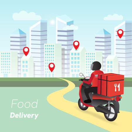 food delivery worker is delivering food to customers in the city on a motorcycle with a sealed food box container.のイラスト素材