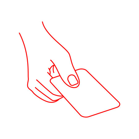 Business card in hand. Hand hold card isolated on white background. Outline paper blank card. White arm holding plastic credit card. Give and take. Icons for showing, presentation. Vector illustrationのイラスト素材