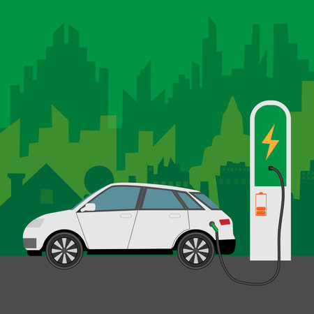 EV Car Or Electric Car At Charging Station. Concept Illustration For Green Environment. Landing Page in Flat Style. Vector EPS 10.のイラスト素材