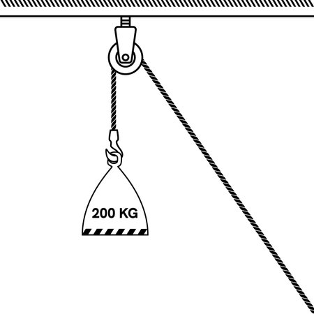 Fixed pulley system isolated on white background. Loaded Movable Pulleys. Physics experiment for education on force and motion with pulley illustration. The laws of motion. Simple Machines Pulleys.のイラスト素材