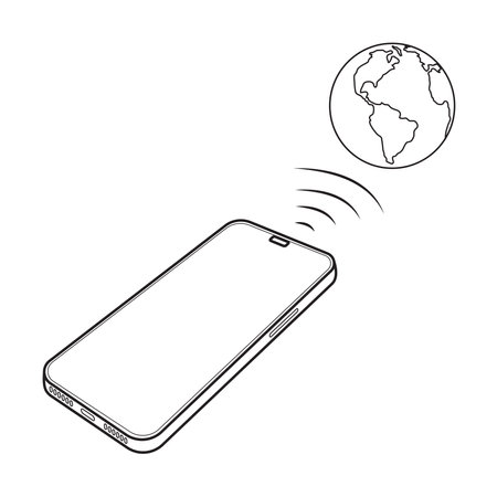 Smartphone near contactless symbol online global. Mobile payment technologies to paying with cell phone. Vector outline icon isolated on white background. Illustration EPS 10. Editable stroke.のイラスト素材