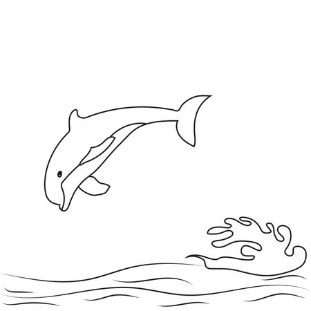 Dolphin jumping on the wave. Monochrome dolphin isolated on white background. Logo template. Vector illustration. Editable stroke.のイラスト素材