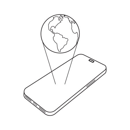 Smartphone near contactless symbol online global. Mobile payment technologies to paying with cell phone. Vector outline icon isolated on white background. Illustration EPS 10. Editable stroke.のイラスト素材