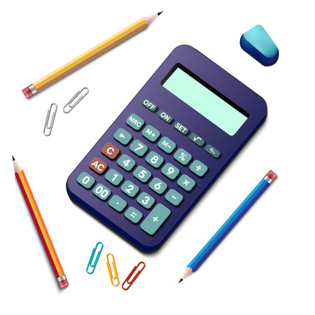 Electronic calculator. Digital calculator with pencil, clip and eraser, isolated on white background. Vector illustrationのイラスト素材