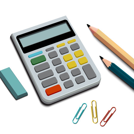 Electronic calculator. Digital calculator with pencil, clip and eraser. Isolated on white background. vector illustration EPS 10.のイラスト素材