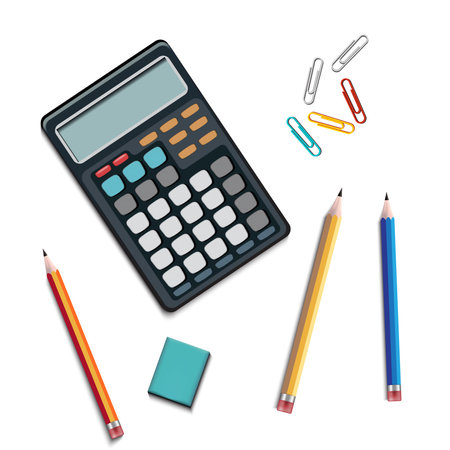 Electronic calculator. Digital calculator with pencil, clip and sharpener. Isolated on white background. vector illustration EPS 10.のイラスト素材