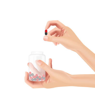 hand holding pills medical product realistic on white background, Health care concept - vector illustration.のイラスト素材