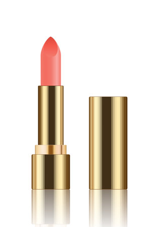 Mock-up of realistic orange peach lipstick. Decorative cosmetic product for beautiful glossy lip. makeup lip gloss in stick gold color. Blank template of container - Vector illustration.のイラスト素材