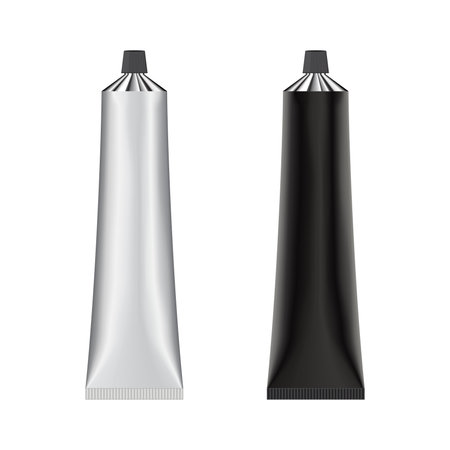Blank Realistic white and black metal tube. For cosmetics, ointments, cream, tooth paste, glue. Vector. Separate elements. Silver Aluminum Clean tube isolated.のイラスト素材