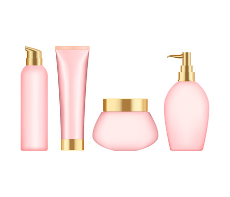 set of pastel pink plastic beauty containers cream lotion spray oil shampoo hand soap gel milk balm vector illustration Simulate the packaging of cosmetic products in tubes and bottles.のイラスト素材