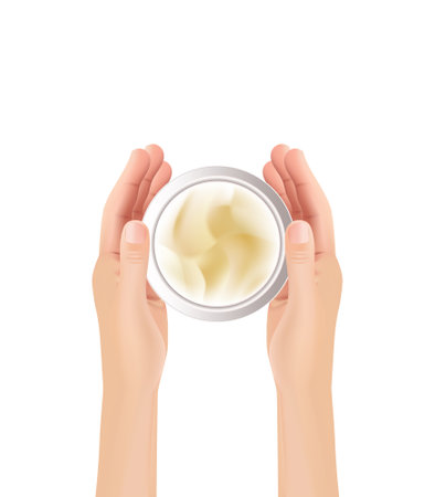 Young woman's hand holding realistic jar of cream for skin care , skin care products and advertising materials, vector illustration.のイラスト素材