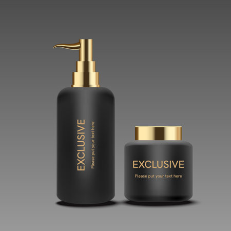 Vector 3D elegant cosmetic products background premium cream jar for skin care products. Luxury facial cream. Cosmetic ads flyer or banner design. black cosmetic cream template. Makeup products brand.のイラスト素材