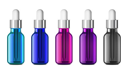 Set of realistic glass bottles with dropper. Cosmetic vials for oil, liquid essential, collagen serum. Mock up vector illustration isolated on white background.のイラスト素材