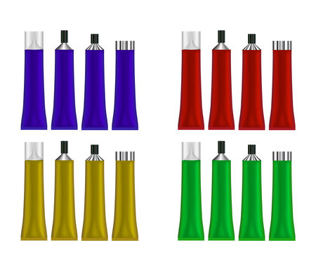 Tube Cream Set Vector. Mockup. Cosmetic, Cream, Tooth Paste, Glue Blue Red Yellow and Green Plastic Tubes Open And Closed Set Packaging Realistic - Vector Illustration.のイラスト素材